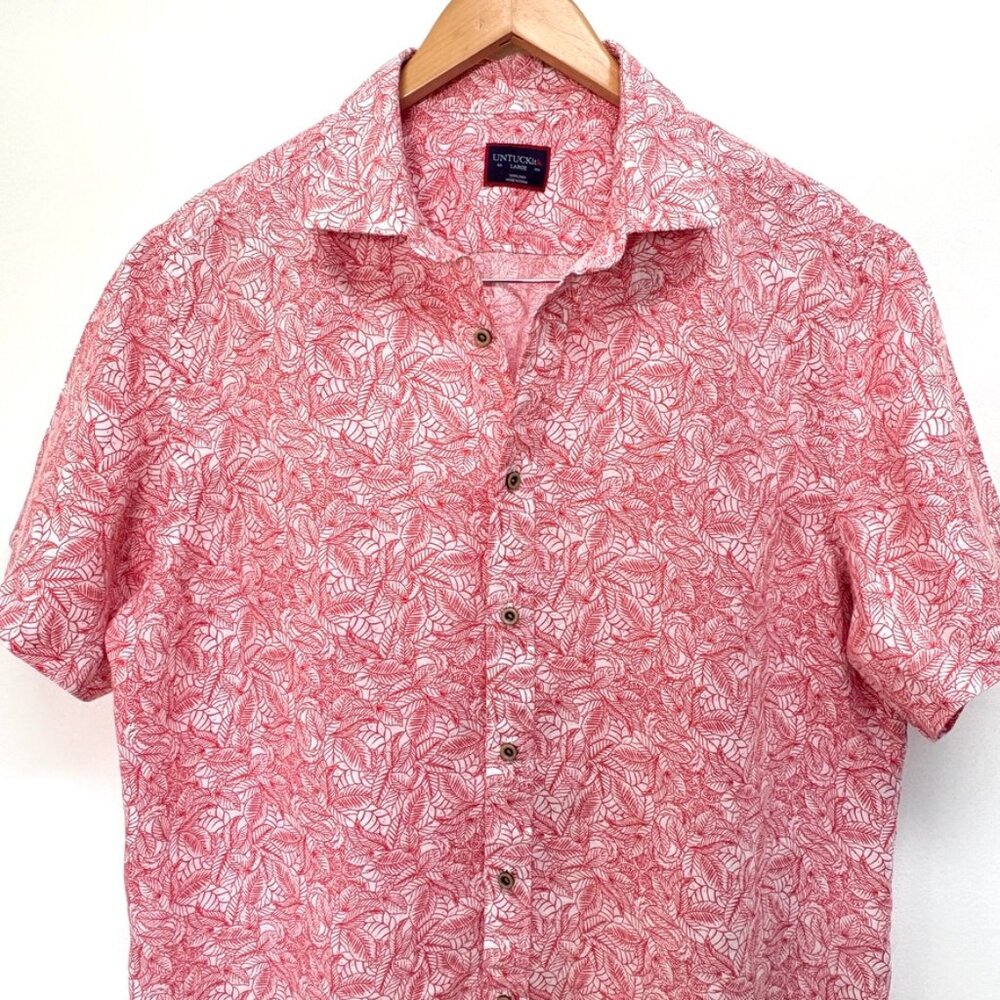 UNTUCKit Hawaiian 100% Linen Shirt Red Tropical Print Short Sleeve Sz L Vacation - Picture 3 of 8